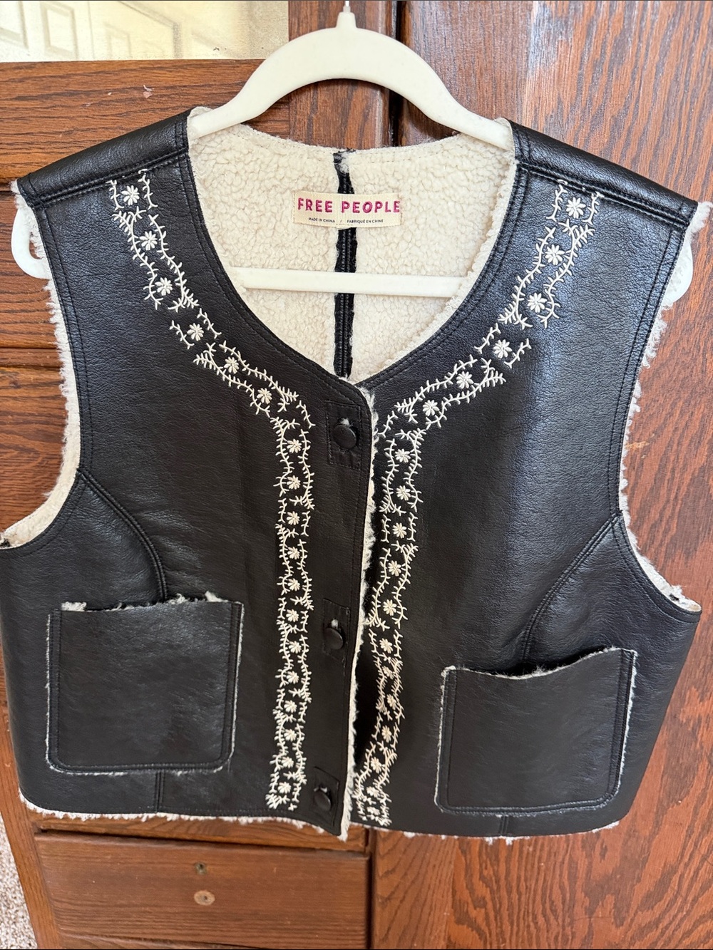 Free People Black Faux Leather Vest with Cream Shearling Trim & Embroidery